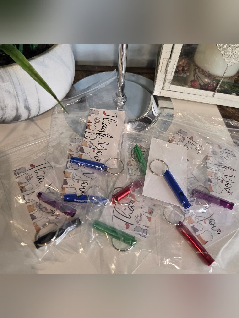 Set Of 10 Metallic Whistle Keychain & Thank You Card